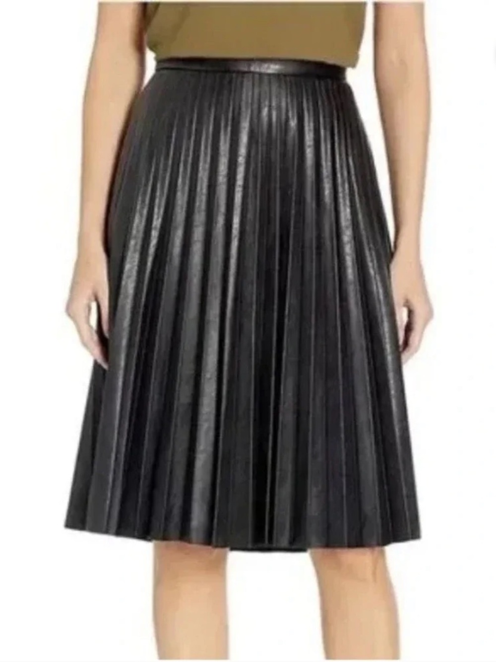 J. Crew Black Pleated Faux Leather Midi Skirt, Size 10, NWT